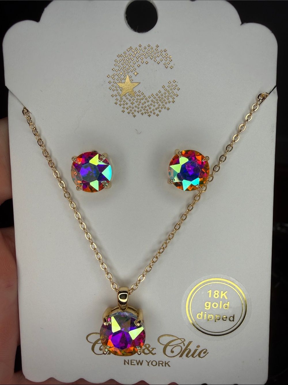 Gold-Plated Multicolor Crystal Necklace and Earring Set